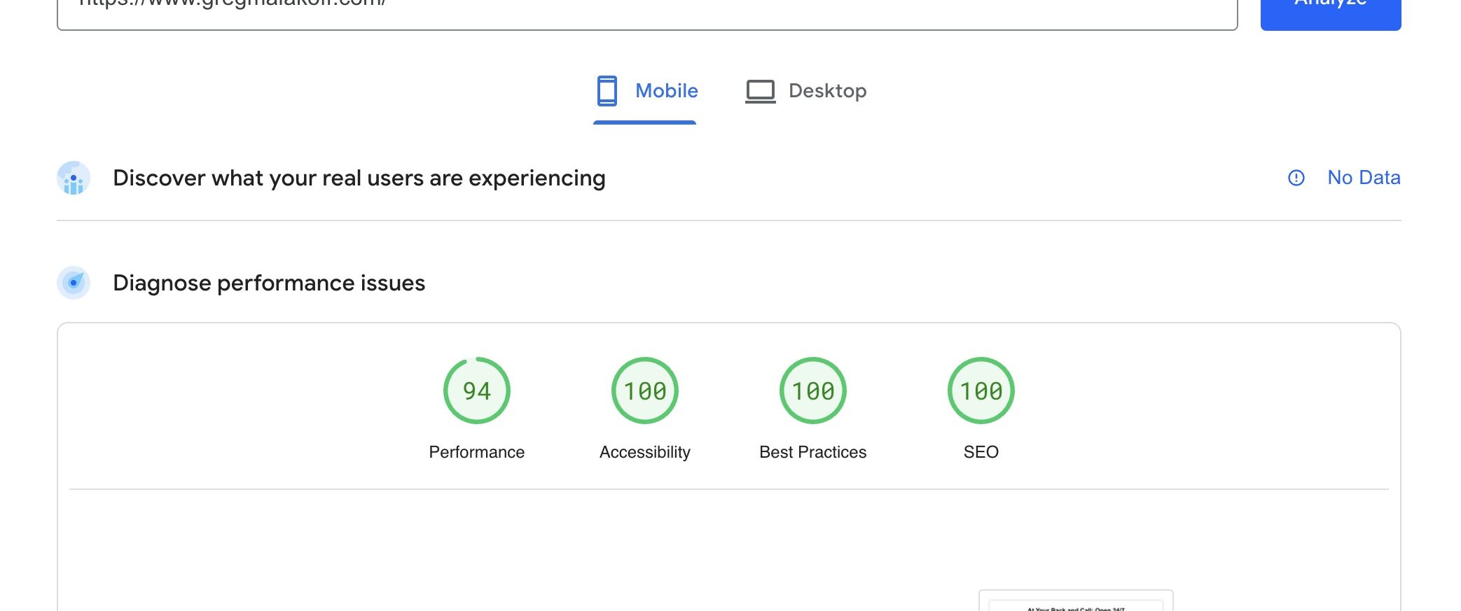 An actual screenshot of a real Wordpress site I Optimized and tested on Google Pagespeed Insights